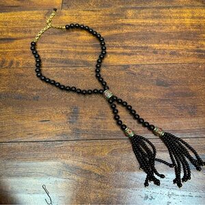 Heidi Daus choker style necklace long black beaded tassels pink & green stones